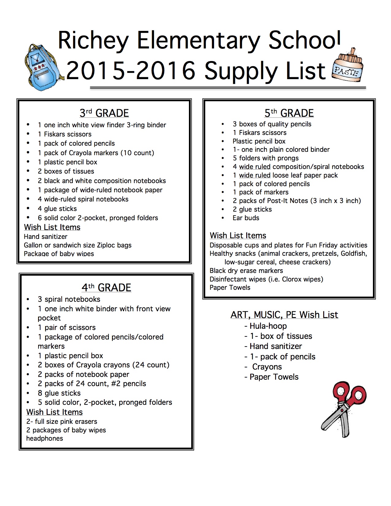 2015 2016 School Supply List Richey Elementary