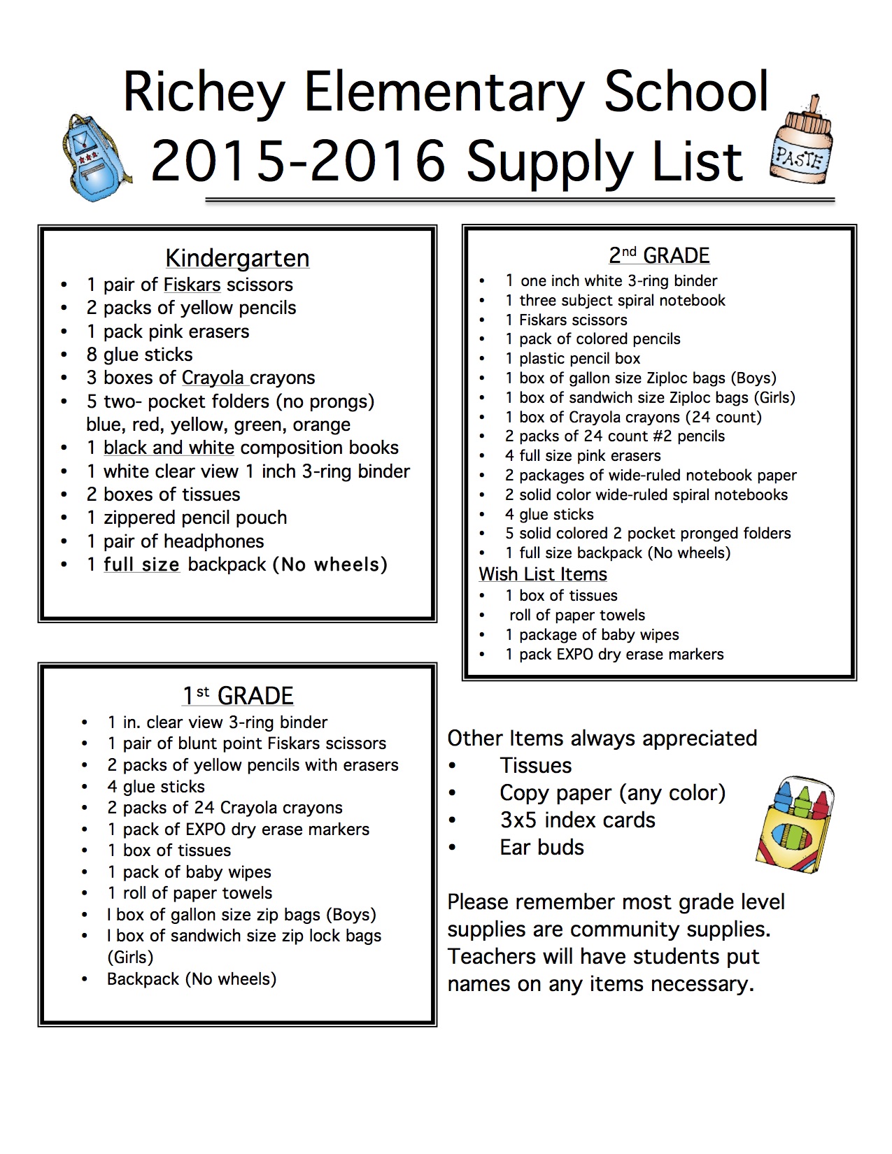 20152016 School Supply List Richey Elementary