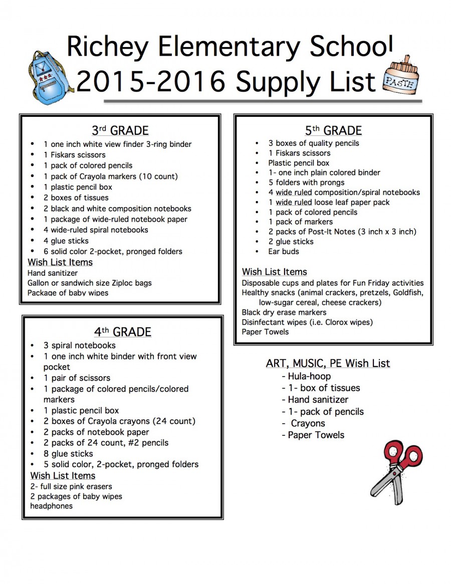 20152016 School Supply List Richey Elementary